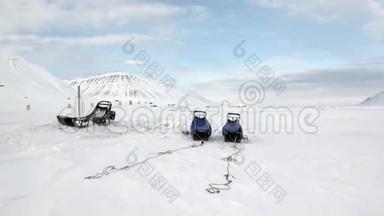 在北极雪的背景下为狗队雪橇。